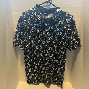 Express short-sleeved button-down with a black, white, and gray floral pattern